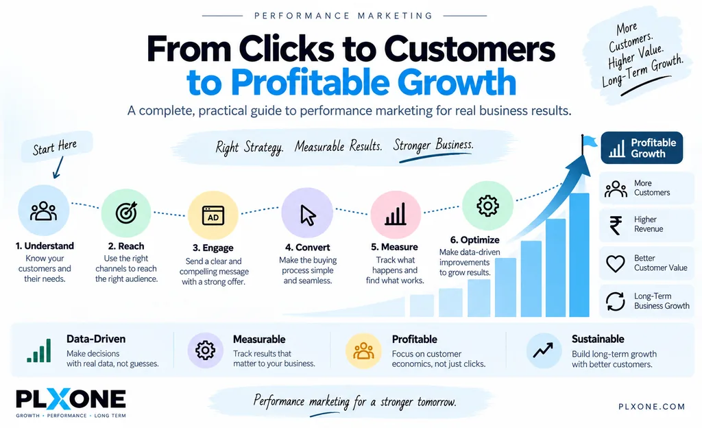 Performance marketing framework showing the journey from understanding customers and reaching the right audience to conversion, measurement, optimization, and profitable growth.