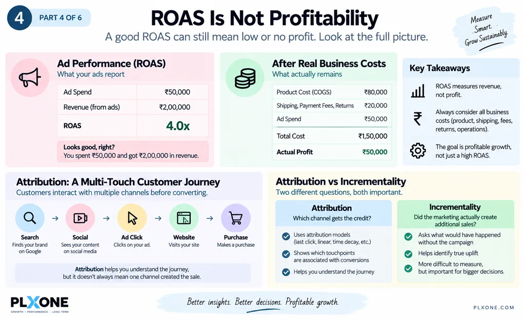 Performance marketing infographic comparing ROAS with profitability and explaining measurement, attribution, and incrementality.