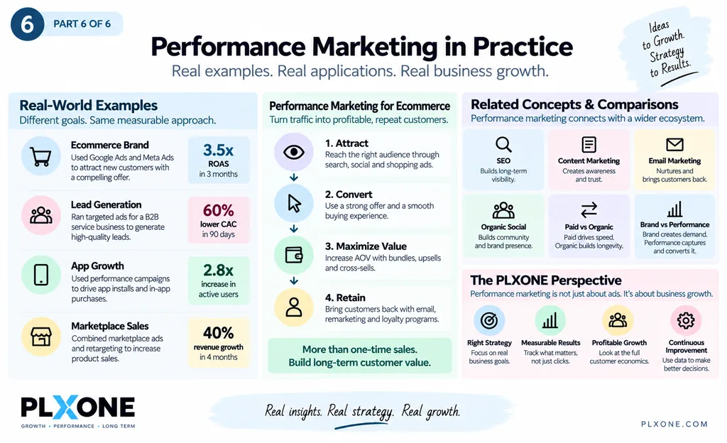 Performance marketing infographic covering real-world examples, ecommerce growth, related marketing concepts, and the PLXONE growth perspective.
