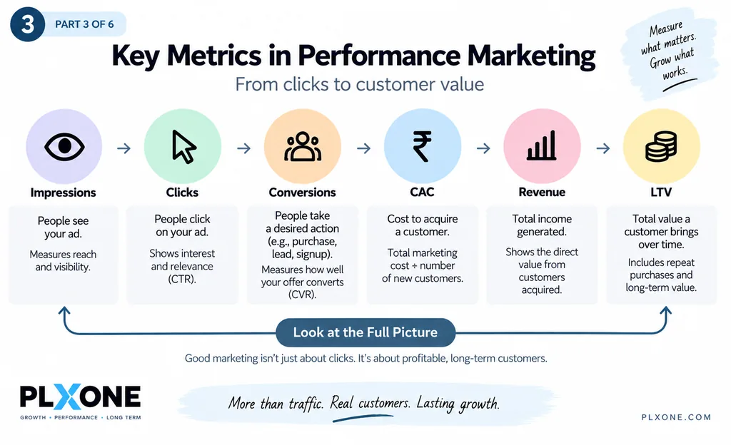 Performance marketing metrics journey from impressions and clicks to conversions, CAC, revenue, and customer lifetime value.